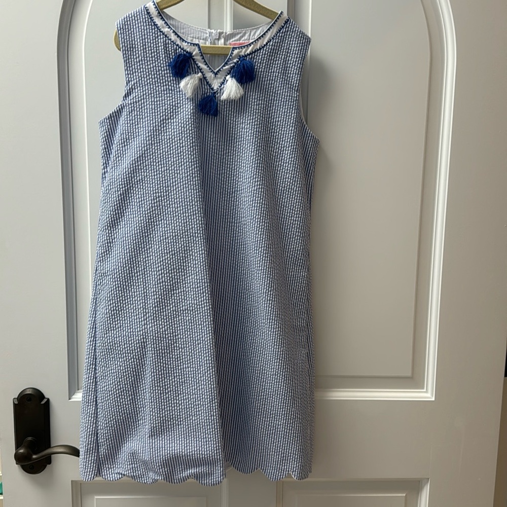 Darling blue seersucker dress with tassels size 12 excellent condition